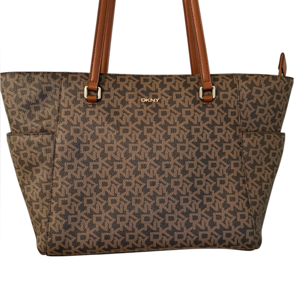 DKNY Brown Monogram Tote with Cognac Handles